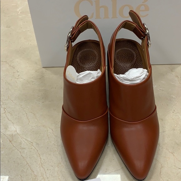 CHLOE WAVE SLINGBACK IN SEPIA BROWN LUXURY SMOOTH LEATHER WAVE HEEL SIZE 38.5 - Picture 3 of 10